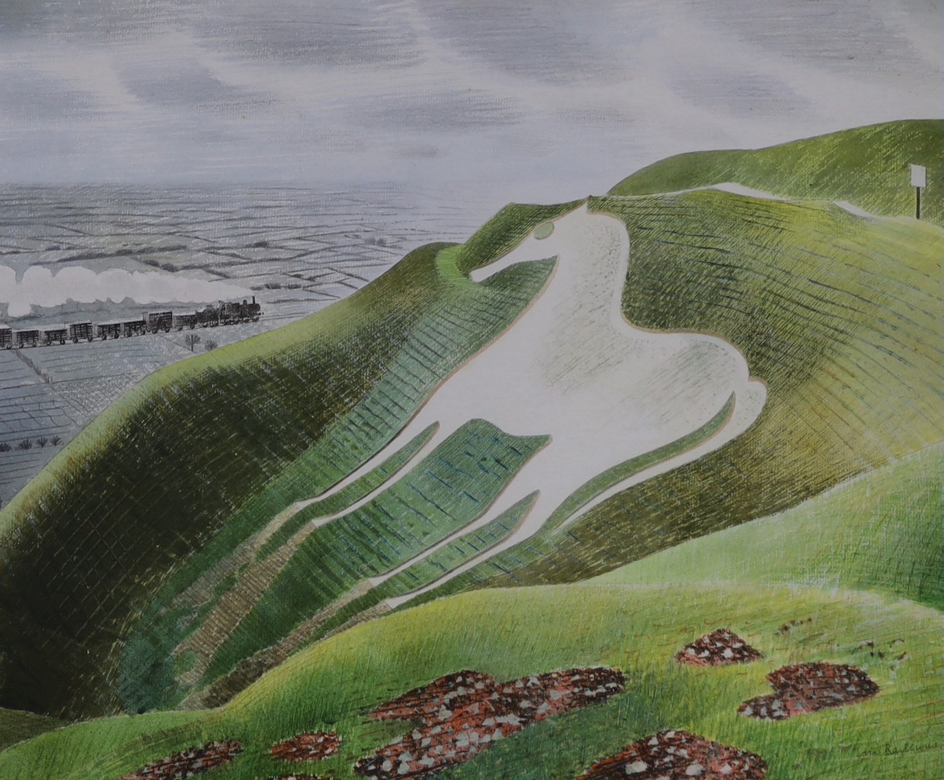 After Eric Ravilious, colour print, 'The White Horse', signed in the plate, numbered in pencil 38/950, 47 x 55cm